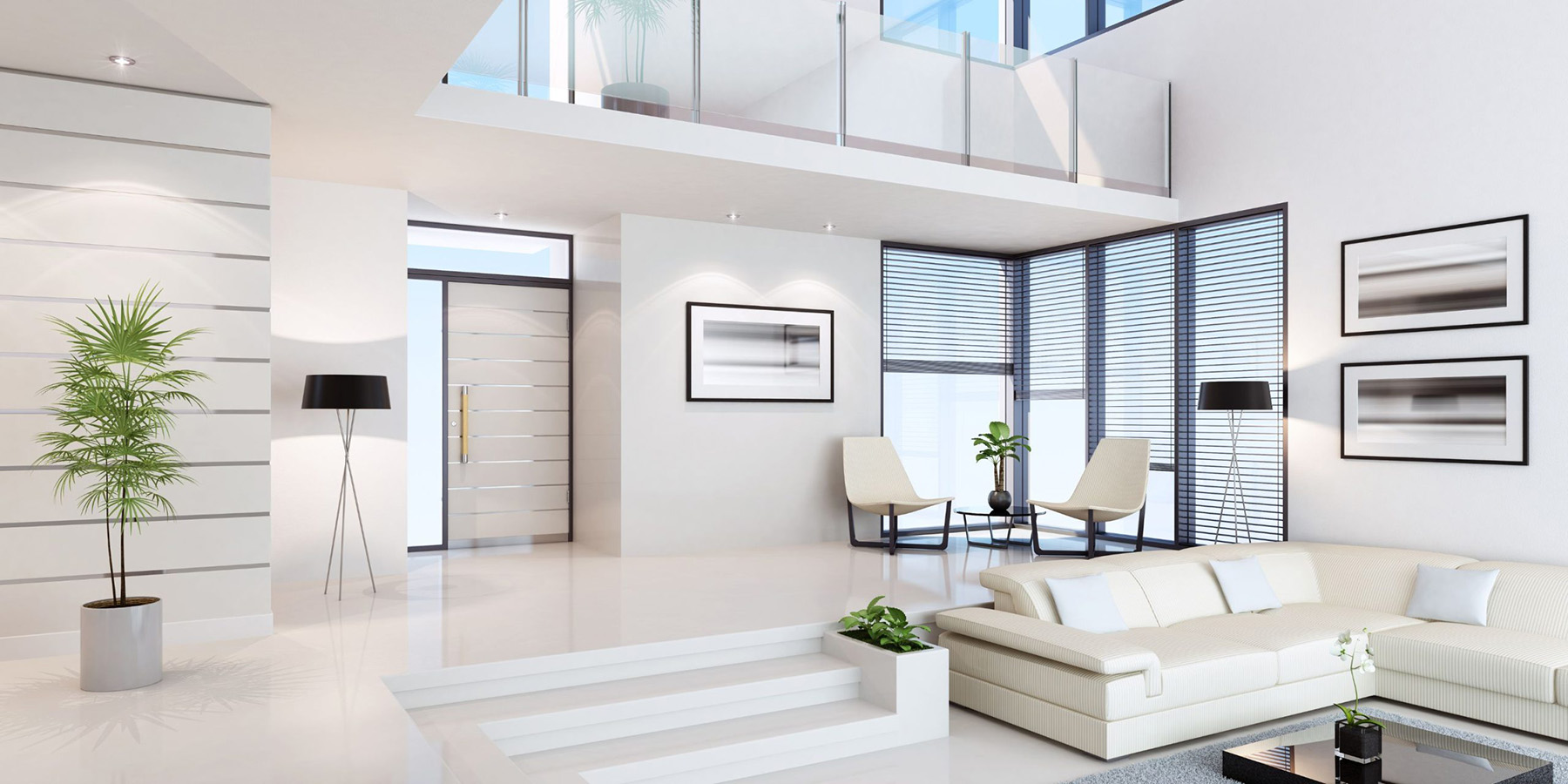 The image depicts a modern living room with a contemporary design, featuring sleek furniture, neutral color palette, and large windows allowing natural light to flood the space.