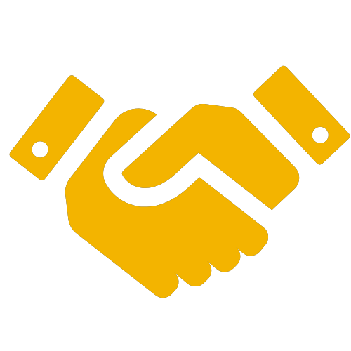 The image displays a stylized graphic of two hands shaking with a yellow background, featuring a simple, iconic design commonly associated with handshakes.