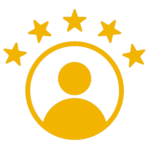 The image shows a stylized graphic with a yellow silhouette of a person's head at the center, surrounded by five stars, each with a point facing different directions, suggesting an award or recognition theme.