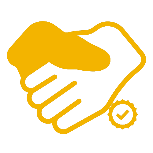 The image shows a stylized handshake with two hands meeting at the center, symbolizing an agreement or partnership, overlaid on a black background with a yellow checkmark icon.