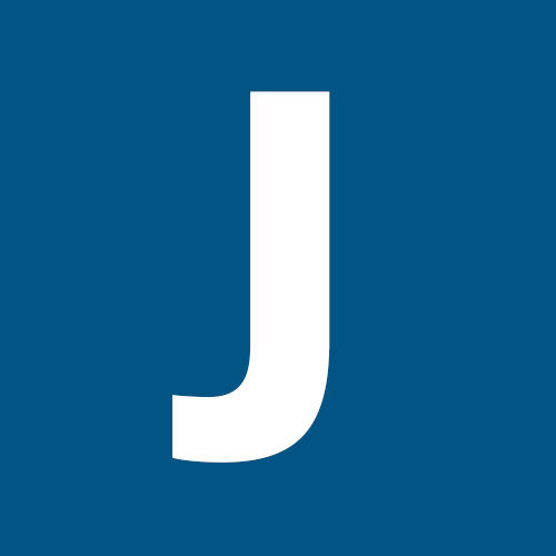 The image displays a stylized lowercase letter 'j' with a blue background on a website.