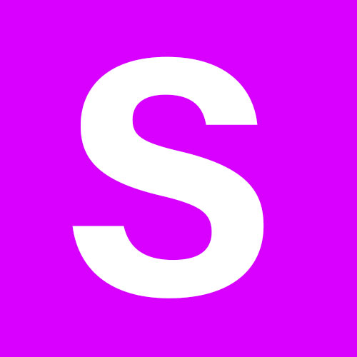 The image displays a large capital letter 'S' on a purple background with a white outline.